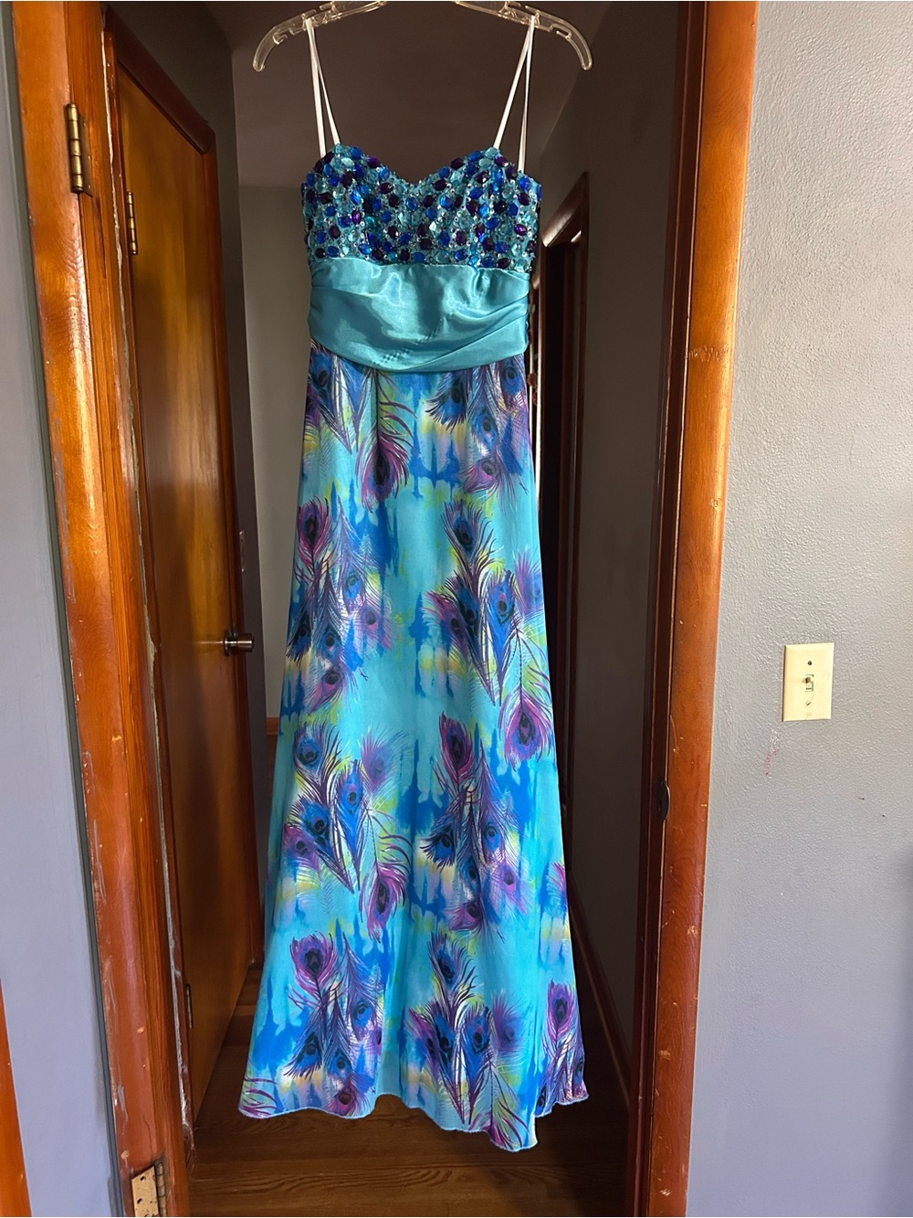 DEB Blue Strapless Peacock-Print Evening/Prom Dress with Beaded Bodice